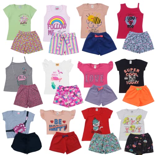 Kit Sortido 10 Peças de Roupas Infantil Menina - 5 Camisetas + 5 Bermudas - Kit com 5 Conjuntos de R