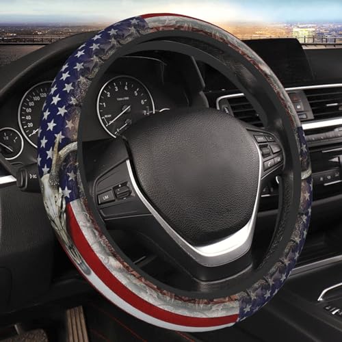 FJyuanqi Camouflage Deer American Flag Steering Wheel Cover for Men Anti-Slip Elastic Breathable Soft Rubber Car Steering Wheel Protective Cover Universal 15 Inch Fit for Cars Auto SUVs