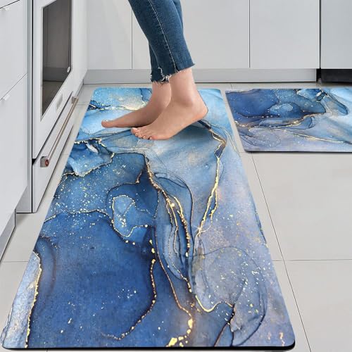 Mrcrypos Blue And Gold Marble Kitchen Mats