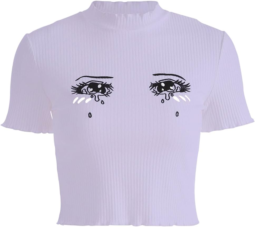 similar product brownmalianna Women Eyes Embroidery T-Shirts Harajuku Kawaii Short Sleeve Crop Tees Medium Purple