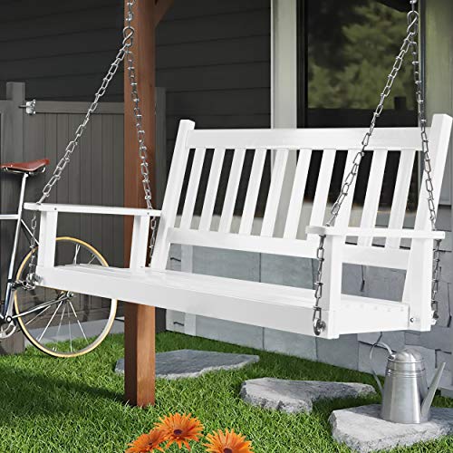 Mupater Outdoor Patio Hanging Wooden Porch Swing 4Ft With Chains, 2-Person Heavy Duty Swing Bench For Garden And Backyard, White #TOP2