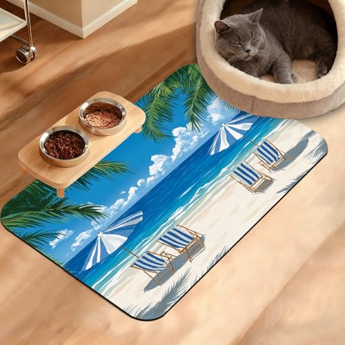 Pet Feeding Mat,Sea Beach Absorbent Dog Cat Food Mat Palm Tree Dog Mat with Rubber Backing,Non-Slip...