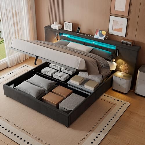 Mydtt Letto Matrimoniale imbottito 180x200 cm, Testiera ampia con luci LED, porta USB e lampada da lettura, Letto con contenitore, Struttura Letto, Senza Materasso, Velluto (Grigio)