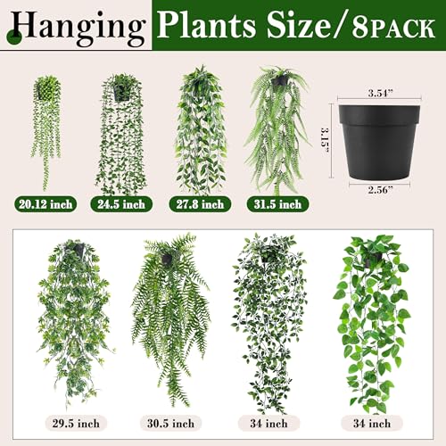 Der Rose 8Pcs Fake Plants Hanging Artificial Ivy Vine Faux Eucalyptus Hanging Plants for Home Boho Wall Shelf Indoor Outdoor Decor (Black Pots)