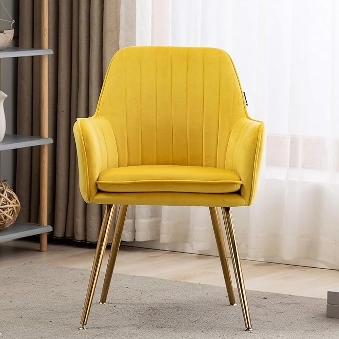 Image of Yellow Velvet Chair for Home | Modern Accent Armchair in Soft Velvet Fabric with Golden Legs | Set of 2 Premium Accent Chair for Living Room Bedroom Restaurent | Yellow, 2 pc