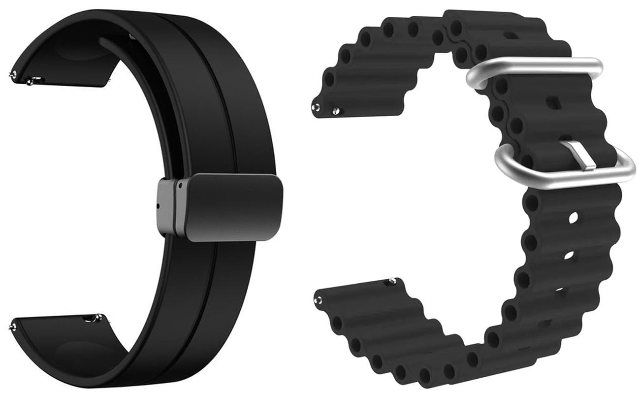 AONES Pack of 2 Watch Strap Magnetic Folding Buckle & Ocean Silicone Belt Compatible for Pebble Matrix Smartwatch Band Black