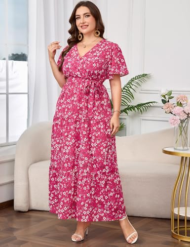 Image of ShopWonder Womens Plus Size V Neck Wrap Maxi Dress High Waist Ruffle Summer Casual Dress with Belt
