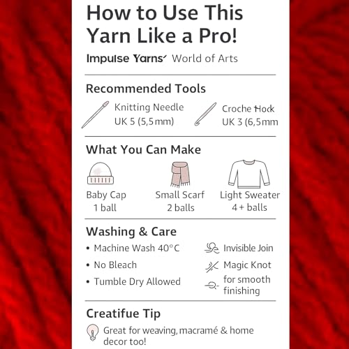Image of WOAFashions Impulse Hand Knitting & Crochet Yarn, Premium Acrylic, 4 : Medium (Red) (2x100gms / 3.5oz / 200mtr / 218yds)