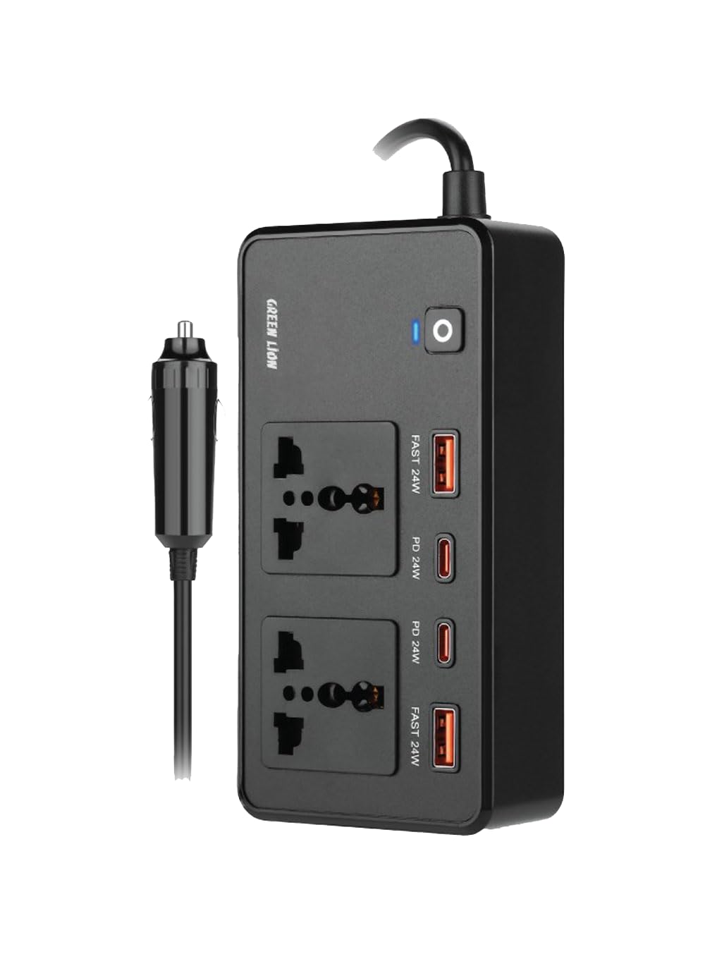 Green Lion Car Power Inverter 200W, 2×AC Universal Sockets, 2×USB-A & 2×USB-C Ports, PD 24W, QC 3.0 Charging, Durable Flame Retardant Material, Fast Charge Car Charger for Laptop, iPhone, Tablet