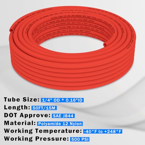 Image of CheeMuii 50 FT 1 /4 inch DOT Air Line Red 1 /4 PA12 Nylon Pneumatic Tubing 15.2 Meter 1 /4 Inch OD Pneumatic Air Tubing Pipe Hose Line for Semi Truck Trailer or Industrial Air System