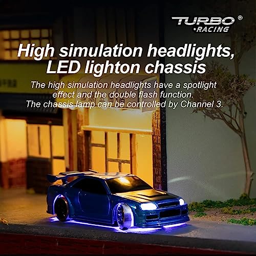 Turbo Racing 1:76 Scale Drift RC Car with Gyro Mini Full Proportional RTR 2.4GHZ Remote Control with 2 Replaceable Body Shell (C64 Blue-Drift)