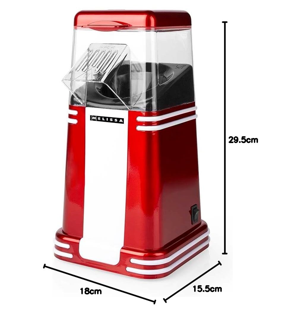 Melissa Máquina de palomitas de maíz retro 16310187, 1200 W, 40-60 g por porción, lista en 2-4 minutos, sin aceite ni mantequilla, fácil de limpiar, diseño compacto, rojo/blanco