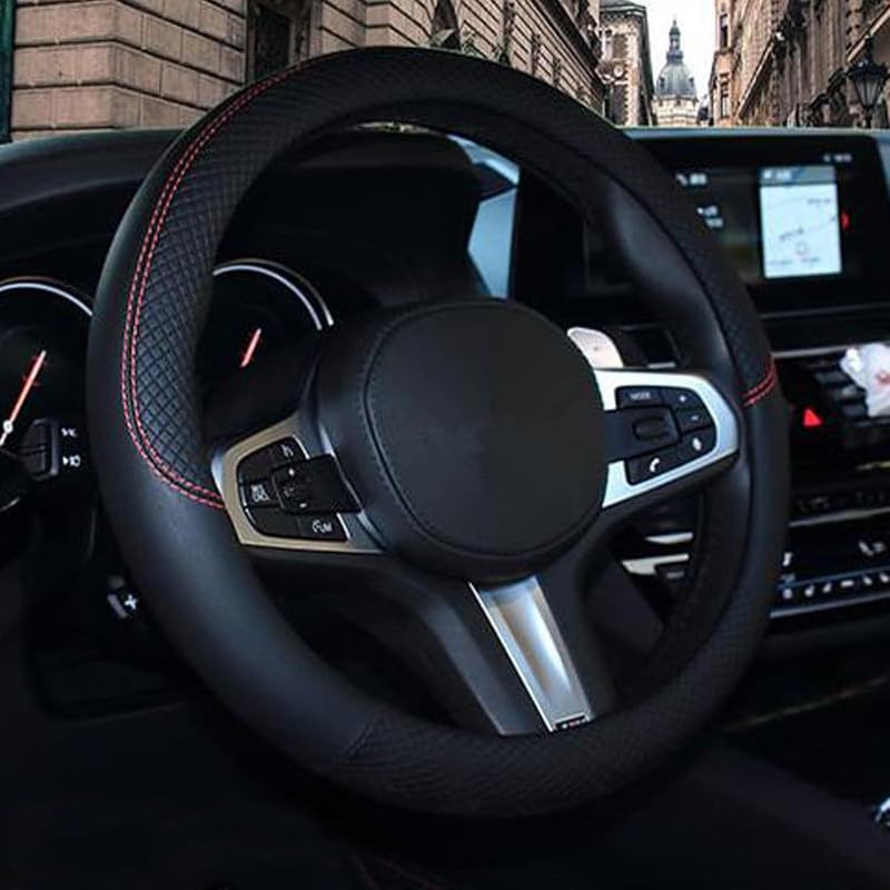 Econour Leather Universal Steering Wheel Cover for Car, Medium (14.5" - 15.5"), Leather, Anti Slip Steering Cover - (Model -114 Black Color) for MG Hector Plus