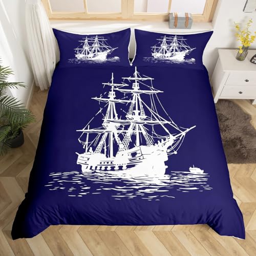 Loussiesd Marine Bleu Blanc Ensemble de Literie thème Nautique Housse de Couette 200x200cm Hommes Femmes Ancres Parure de Lit Respirant Nautique Sets de...
