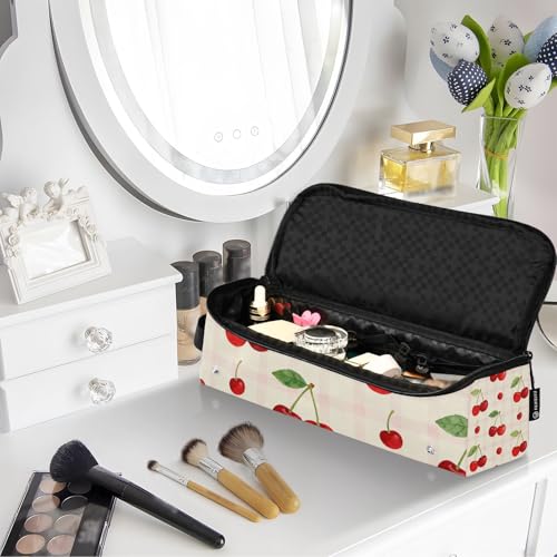 Bolso de viaje para herramientas de cabello para mujer con tapete térmico removible resistente al calor, impermeable, organizador de viaje para planchas, rizadores y secadores de cabello, con diseño de cereza fresca y patrón rosa a cuadros miniatura 7