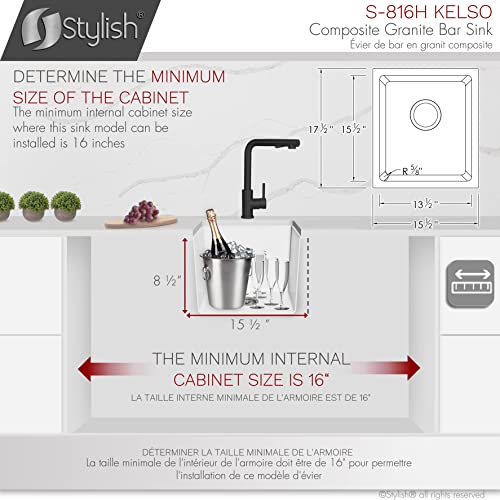 Image of Stylish 15.5 x 17.5 Inch Composite Granite Kitchen or Bar Sink, Single Bowl Under Mount & Drop in, 8.5 in Deep, Rear-Center Drain, with Strainer, White, S-816H