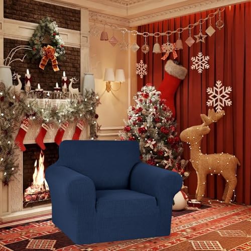 KEKUOU Stretch Single Sofa Slipcover 1 Piece Couch Sofa Cover (31"-55") Furniture Protector 1 Seater Sofa with Elastic Bottom for Kids,Pet.Jacquard Small Checked Pattern Fabric(Small,Navy Blue)