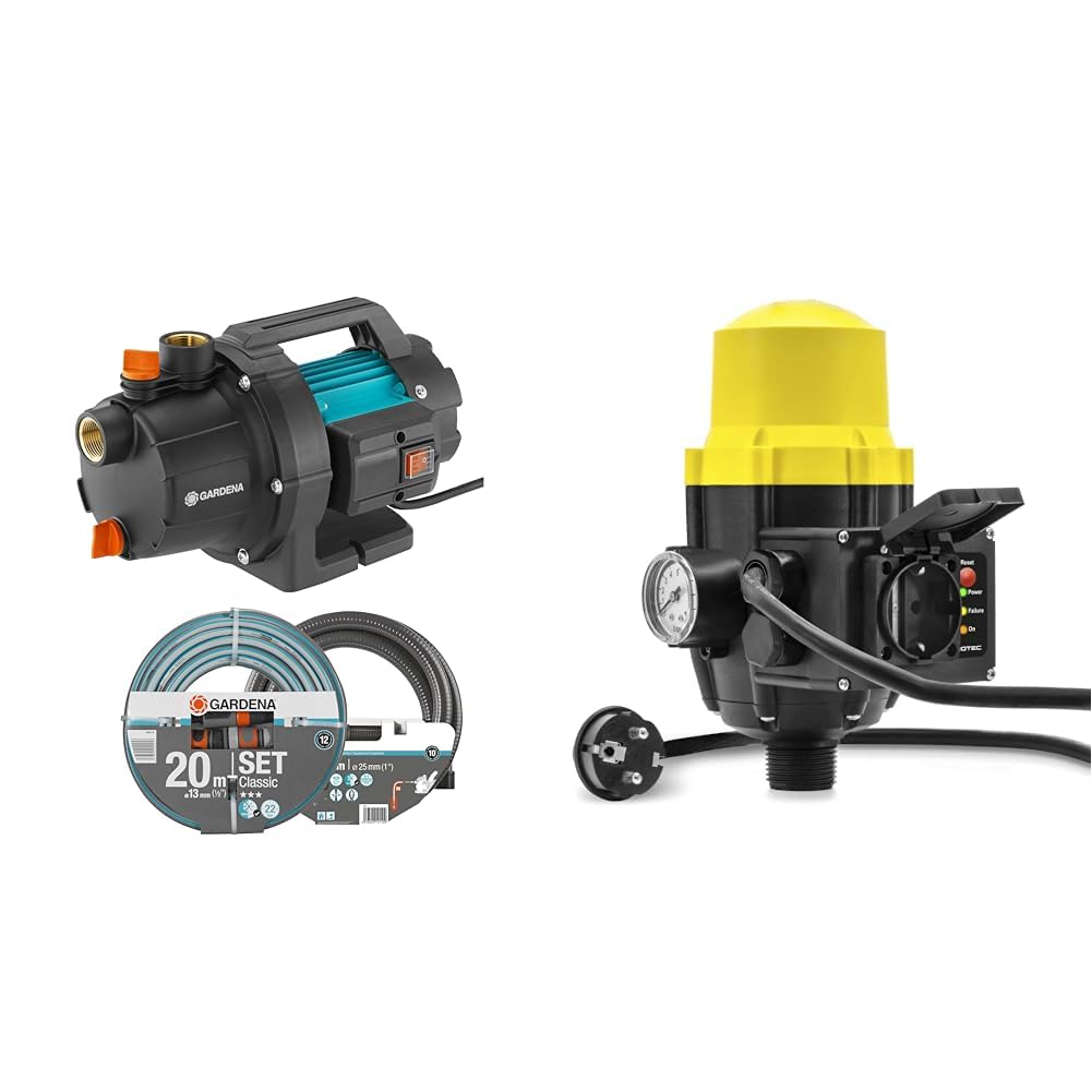 Gardena Pompe de jardin 3000/4, Basic Set : Pour arrosage avec unité d'aspiration 3,5 m & TROTEC Pressostat électronique TDP DSP pour le contrôle des pompes de jardin et de l'eau 1 phase