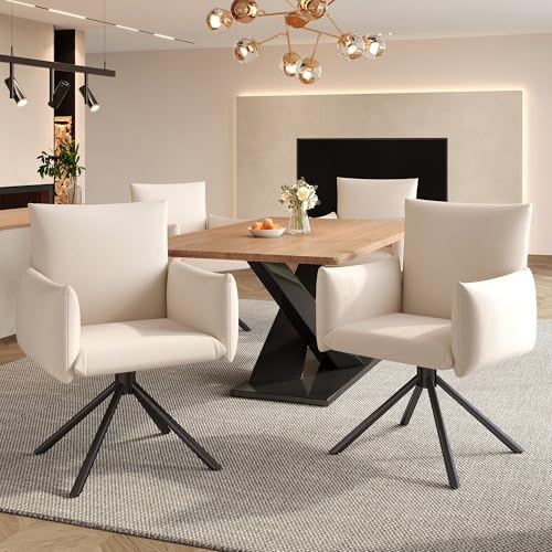 Goldicoo Juego de 4 sillas de comedor, tapizadas con reposabrazos, giratorias 360°, lino, beige, patas de metal, ergonómicas, soporte lumbar