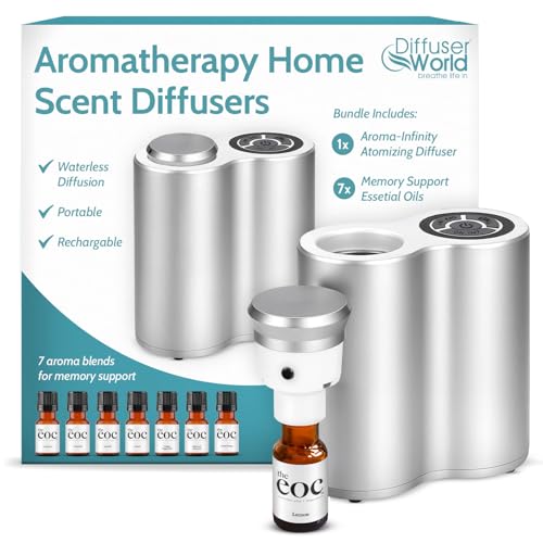 DIFFUSER WORLD Aroma-Infinity Waterless Diffuser for Essential Oils with Memory Bundle Kit, Silver 100V-240V Portable Waterless Essential Oil Diffusers for Home, Air Aromatherapy Home Scent Diffusers