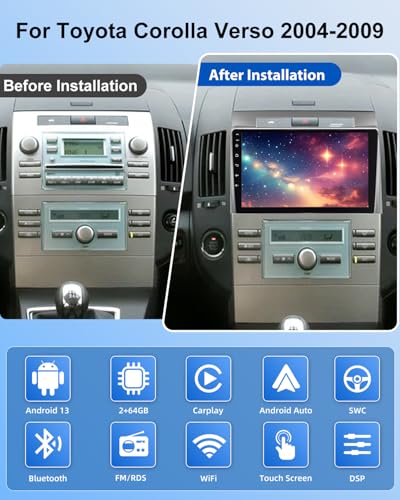 NHOPEEW 2+64G Radio Android 9 Pouces pour Toyota Corolla Verso 2004-2009 - Wireless CarPlay & Android Auto, Navigation GPS, Contrôle du Volant, FM RDS + Caméra de Recul – vue 2