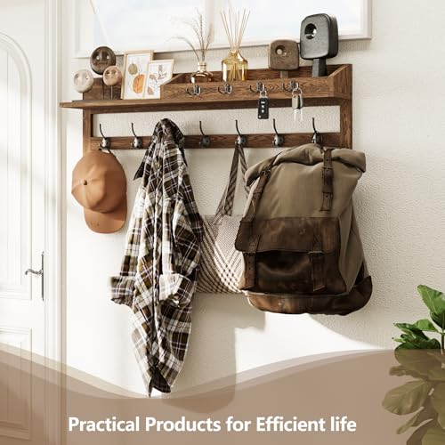 Image of AMBIRD Coat Rack Wall Mount, 35 inch Large Wall Hooks with Shelf, Entryway Shelf with 7 Dual Coat Hooks 4 Key Hooks Mail Organizer, Wooden Coat Hanger and Key Holder Wall Mount