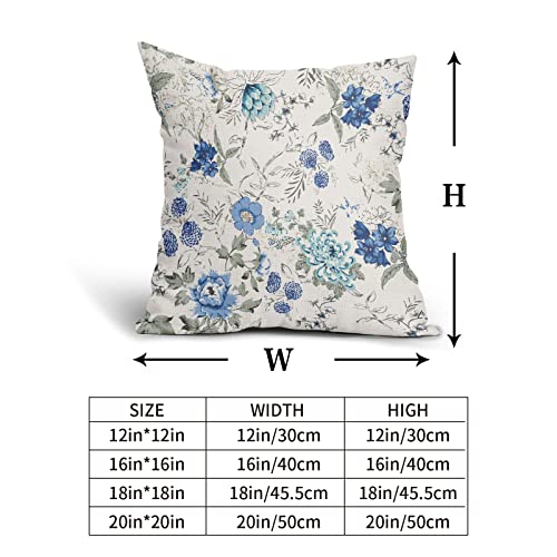 Kawani Blue Floral Throw Pillow Covers Set Of 2 18X18 In- Chinoiserie Toile Oriental Accent Flowers Leaves Linen Fabric Decorative Pillowcases Square Summer Cushion Cover For Couch Sofa Bed Car #TOP3