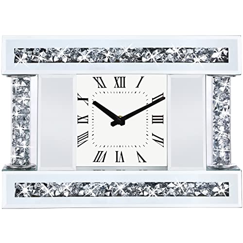 Wocred Mirrored Wall Clock With Column.silent Non Ticking Crystal Crushed Diamond Desk Clock. Luxurious Wall Decor Of Bathroom,Living Room And Bedroom.（14”X10”X3”） #TOP2