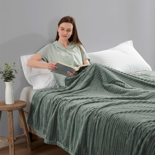 Image of Nestl Sage Green Microfiber Fleece Blanket, Queen Size, Lightweight, Soft, Cut Plush, 90 x 90 in