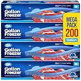 Gallon Freezer Bags, Double Zipper Seal - 200 Count, (4 Packs of 50) Thick Plastic Storage Bags - Reusable Gallon Storage Bags for Food Storage, Meat, Vegetables, Fruit - Microwave-Safe, BPA Free