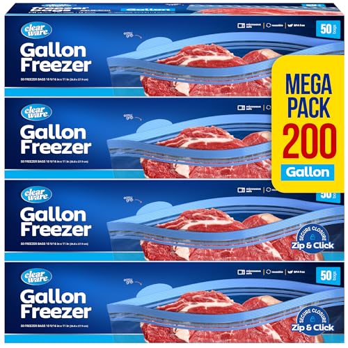 Gallon Freezer Bags, Double Zipper Seal - 200 Count, (4 Packs of 50) Thick Plastic Storage Bags - Reusable Gallon Storage Bags for Food Storage, Meat, Vegetables, Fruit - Microwave-Safe, BPA Free