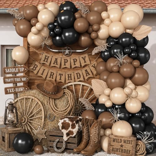 Froova Black and Brown Balloon Garland Arch Kit, 105 PCS Black Brown and Nude Beige Balloon Different Size for Western Farm First Rodeo Wild West Cowboy Baby Shower Birthday Party Decorations