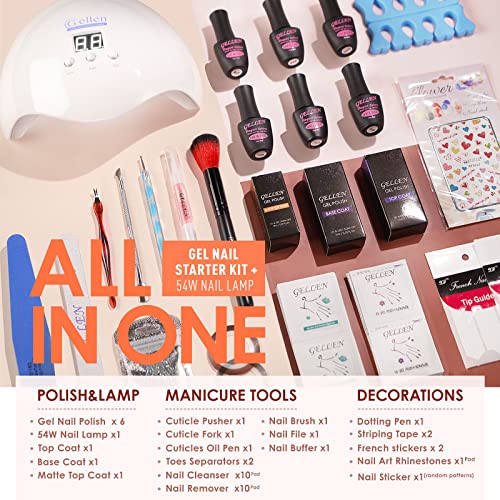 Gellen Gel Nail Polish Kit With Uv Light 54W Nail Lamp, 6 Gel Nail Colors, No Wipe Base Coat Glossy / Matte Top Coat, Nail Art Decorations, Manicure Tools, All-In-One Manicure Kit, Nude Grays #TOP1
