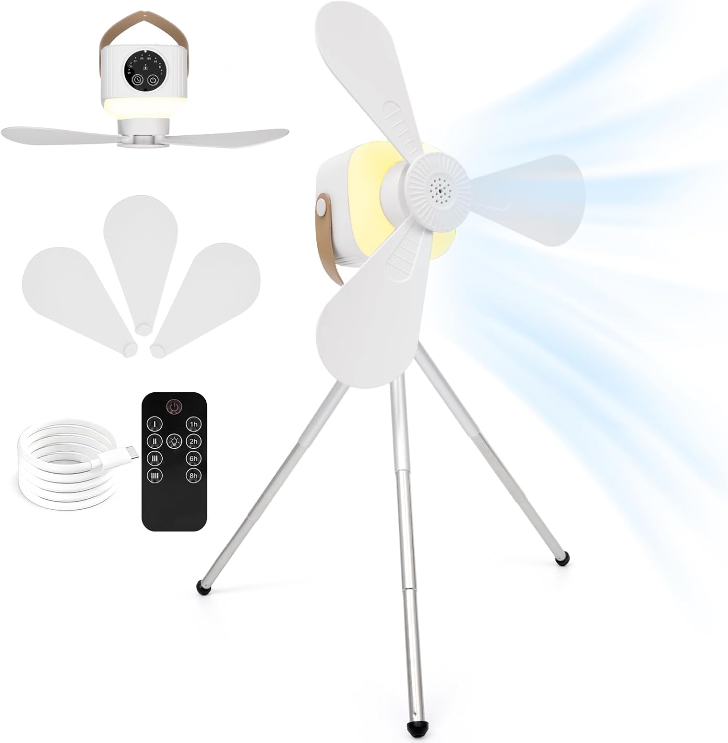 Camping Fan with Telescopic Stand, 7200mAh Tent Fans with LED Light, Remote Control, Detachable Blades and Hook 4 Speeds 3 Brightness Timer Portable Ceiling Fan for Tents Car Picnics Travel