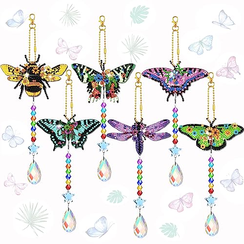 Tradder 6 Pcs Butterfly Diamond Art Wind Chimes for Summer Tree Decoration Diamond Art Kit with Crystal Pendant Make Your Own Keychains 5d DIY Home Garden Hanging Ornament