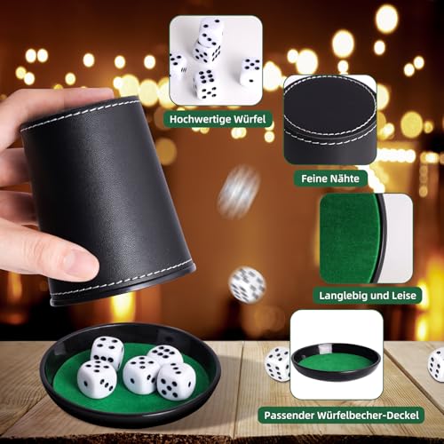 Schocken Set, Komplett mit 5 Würfelbecher Leder mit Deckel, 25 Würfeln, Schockbesteck mit 14 Acryl-Scheiben und Ständer, Schocken Würfelspiel Set für Jule Meiern Maxen Mörkeln