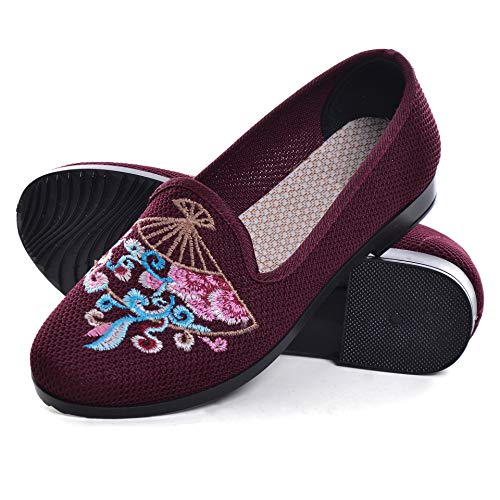 Dear Time Women's Vintage Round Toe Low Heel Flat Shoes Floral Embroidery Chinese Style Dress Shoes for Cosplay Red2 US 8.5