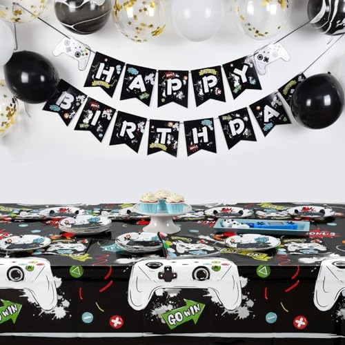 Wernnsai PARTY SUPPLIES SET-009 Video Game Party Supplies Set- 33 Pcs Disposable Table Gaming Theme Decoration Family Games Night Party Tablecloth Plates Napkins For Kids Boys Baby Shower Gamer Lovers Birthday Party Serves 16 Guests thumb #2