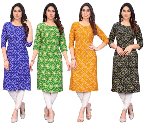 Image of JAKHANA Women's Crepe Printed Casual Straight Calf Length Round Nick Kurta Pack of 4