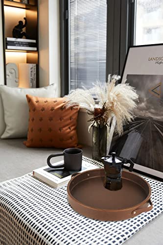 Gurfury Decorative Round Coffee Tray With Handles - 14.9" Leather Serving Tray For Ottoman Catchall Valet Desktop Storage Organizer For Remote Controller #TOP3