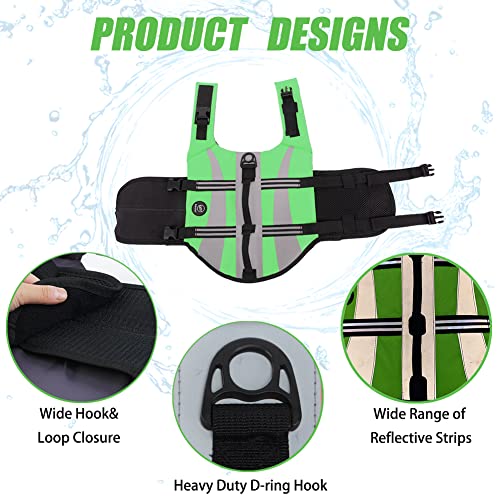 Emust Life Jacket For Large Dogs, Dog Life Vest For Small/Medium/Large Dogs With Double Rescue Handles, High Reflective Dog Life Preserver For Swimming,Green, L #TOP2