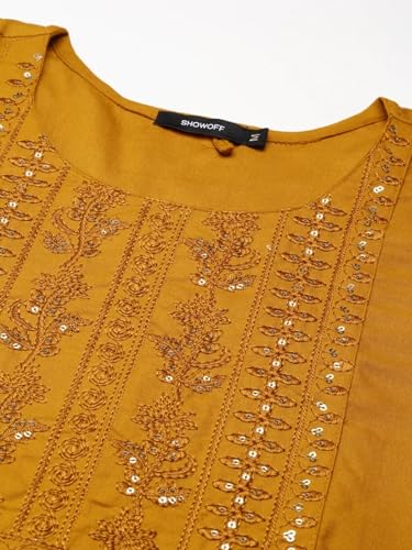 Image of SHOWOFFFF Women Solid Straight Ethnic Kurta | Round Neck 3 /4th Sleeves Cotton Kurta for Womens | Regular Fit Calf Length Kurta for Women's
