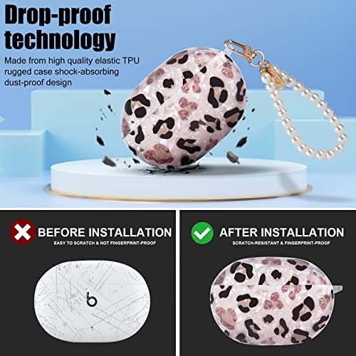 Glitter Leopard Marble Case for Beats Studio Buds with Pearl Wrist Chain Keychain for Women Girls,Luxury Sparkle Bling Cute TPU Shockproof Protective Skin Cover Compatible for Beats Studio Buds - Image 3