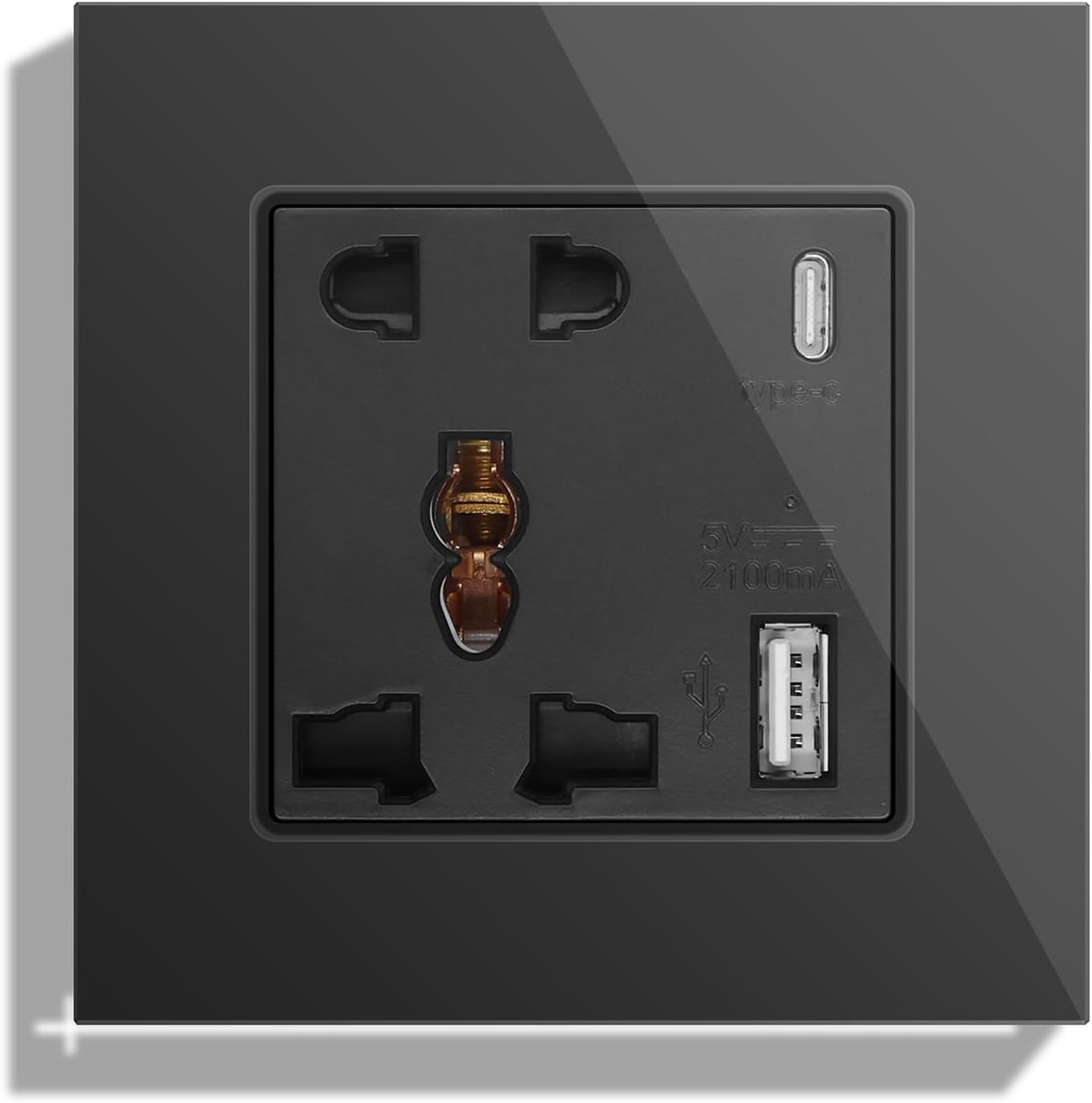 BSEED Single 5 Pin Universal Wall Socket with USB C & USB A - 1 Gang Black, Multifunctional Wall Outlet, Power Socket with Glass Panel Applicable for Over 180 Countries Plug Type (No Switched)