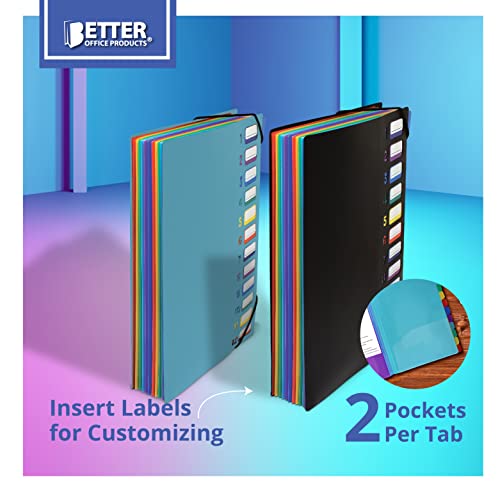 24 Clear Pocket Expanding File Folder With 12 Colored Tabs, Letter Size, Holds 300 Sheets, Project File Organizer, Numbered Index On Cover, By Better Office Products (2 Pack Black & Blue) #TOP5