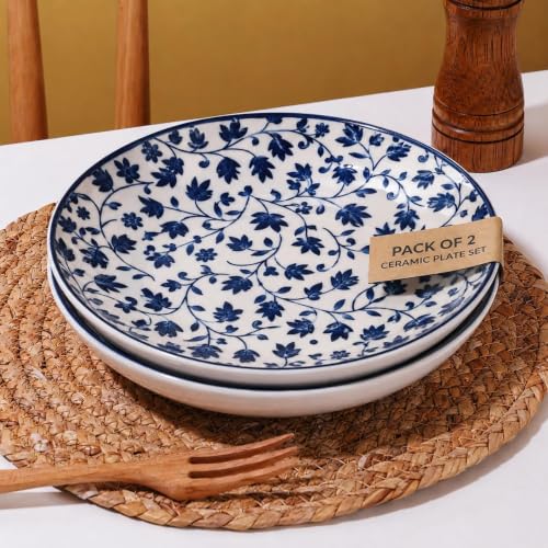Image of Ceramic Pasta Plate, Blue & White Floral Printed Ceramic Dinner Plates | 4 cm Deep Rimmed Plates for Meals, Snacks & Desserts | Microwave & Dishwasher Safe (Blue Floral Vine Pattern, PACK OF 2)