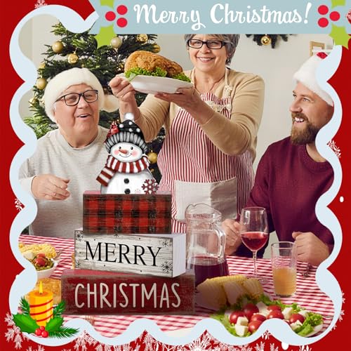 4 Pcs Christmas Table Decoration Wooden Snowman Christmas Tiered Tray Decor Red Buffalo Plaid Block Signs Snowman Table Centerpiece Farmhouse Winter Decoration for Home Kitchen Shelf - Image 6