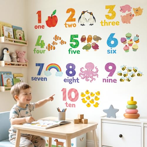 Image of DECOWALL DS6-2020 Numbers Wall Stickers Decals Peel and Stick Removable Kids Nursery Bedroom Living Room Educational Learning Animal Arabic 1-10 Vinyl Counting Children Toddlers Classroom Playroom
