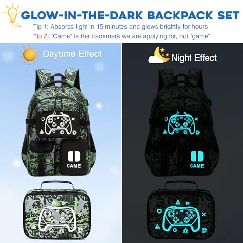 Game Kids Backpack Set, Large Boys Backpack with Lunch Bag & Pencil Case, Waterproof School Backpacks With USB Charging Port, Luminous Camo Bookbags Fits 15.6" Laptop For Boy Age 6-18, Green2