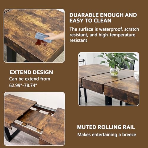 Image of Rustic Brown Dining Room Table Set for 8, 9-Piece 63 inch-78.74 inch Extendable Dining Table Set with 8 Upholstered Chairs,Rectangle Wooden Expanding Kitchen Table and Black Chairs Set